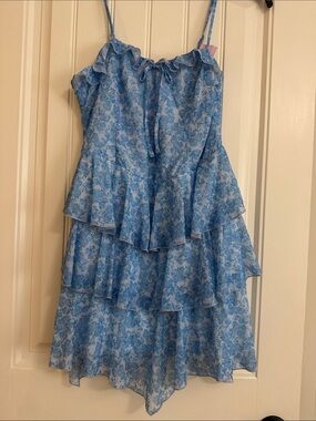 Blue Floral Tiered Spaghetti Strap Dress
